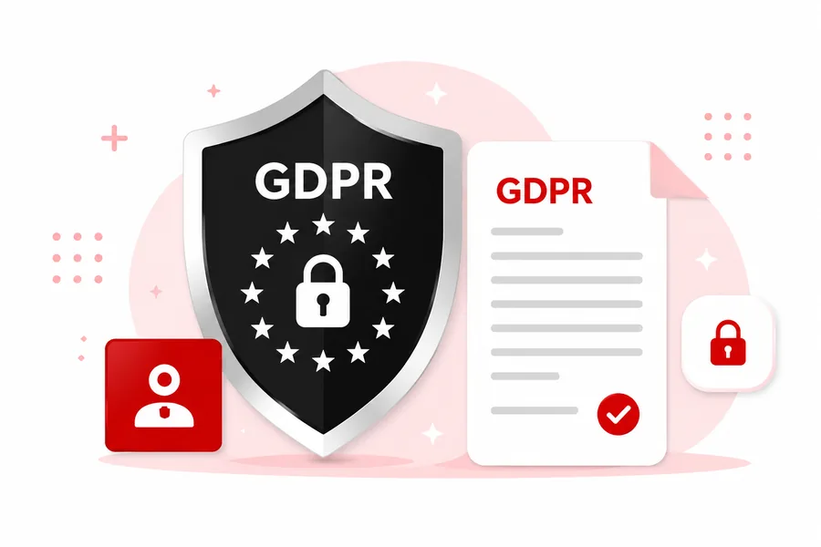 GDPR illustration with a shield surrounded by EU stars, a lock, a checked document and a user data icon