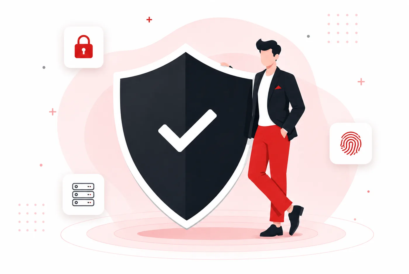 Security shield protecting TrueFin's financial data, with a professional standing beside it and icons for encryption, biometric authentication and secure servers