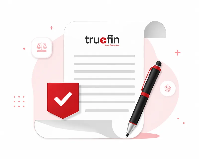 TrueFin Terms and Conditions document with checkmark, scale and pen illustration